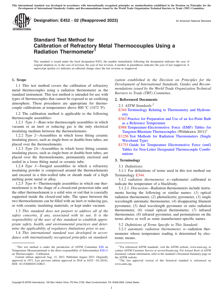 ASTM E452-02(2023) - Standard Test Method for  Calibration of Refractory Metal Thermocouples Using a Radiation  Thermometer