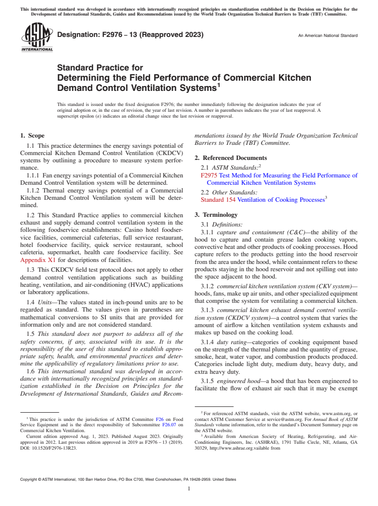 ASTM F2976-13(2023) - Standard Practice for Determining the Field Performance of Commercial Kitchen Demand  Control Ventilation Systems