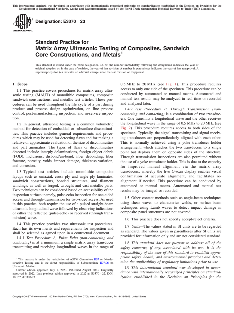 ASTM E3370-23 - Standard Practice for  Matrix Array Ultrasonic Testing of Composites, Sandwich Core  Constructions, and Metals