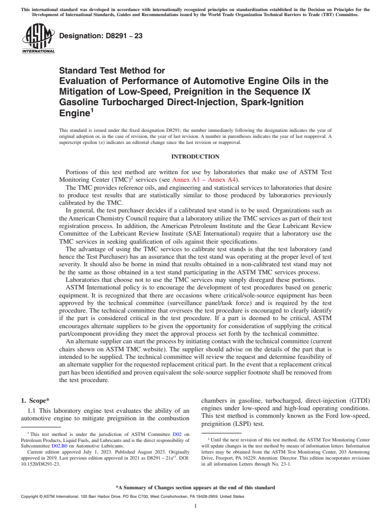 ASTM D8291-23 - Standard Test Method for Evaluation of Performance of Automotive Engine Oils in the  Mitigation of Low-Speed, Preignition in the Sequence IX Gasoline Turbocharged  Direct-Injection, Spark-Ignition Engine