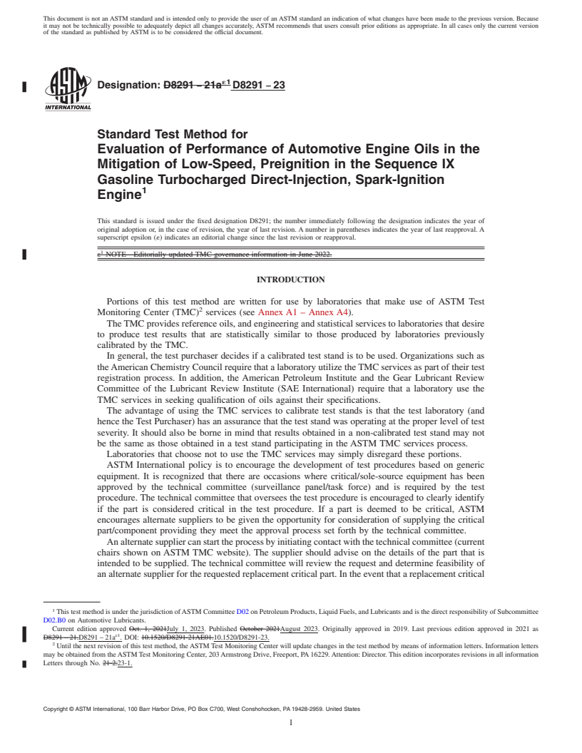 REDLINE ASTM D8291-23 - Standard Test Method for Evaluation of Performance of Automotive Engine Oils in the  Mitigation of Low-Speed, Preignition in the Sequence IX Gasoline Turbocharged  Direct-Injection, Spark-Ignition Engine