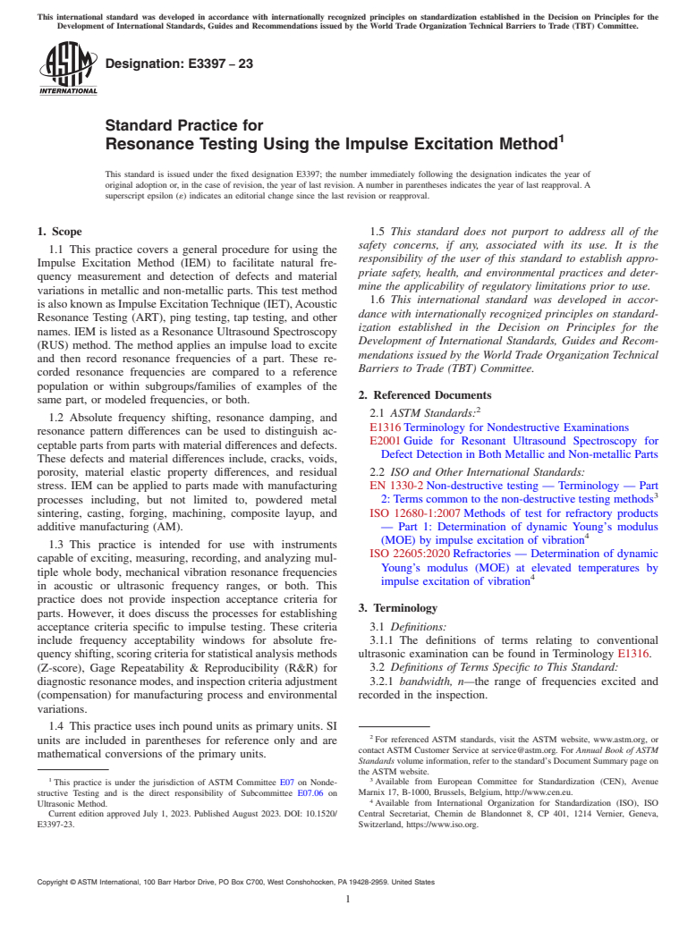 ASTM E3397-23 - Standard Practice for Resonance Testing Using the Impulse Excitation Method