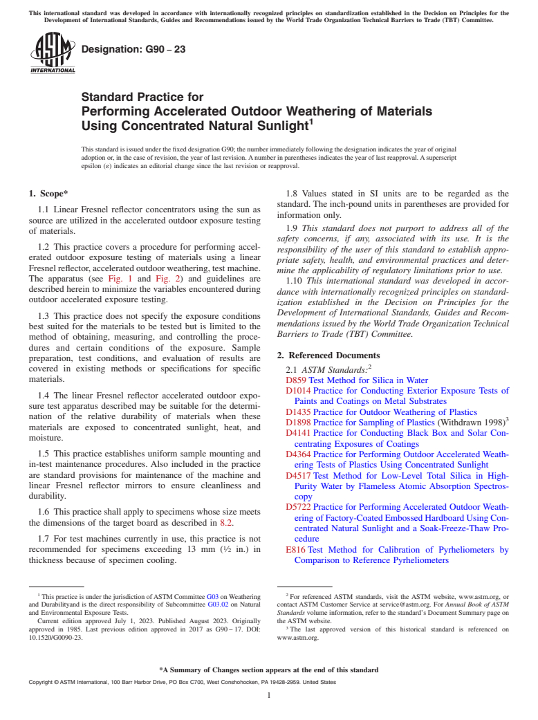 ASTM G90-23 - Standard Practice for  Performing Accelerated Outdoor Weathering of Materials Using  Concentrated Natural Sunlight