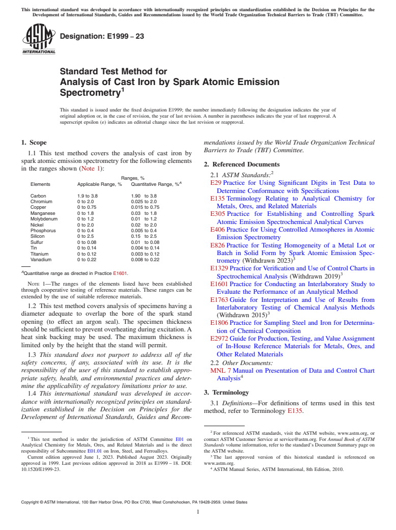 ASTM E1999-23 - Standard Test Method for  Analysis of Cast Iron by Spark Atomic Emission Spectrometry