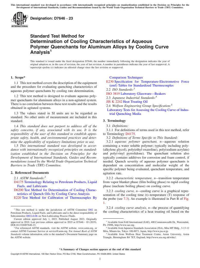 ASTM D7646-23 - Standard Test Method for  Determination of Cooling Characteristics of Aqueous Polymer   Quenchants for Aluminum Alloys by Cooling Curve Analysis