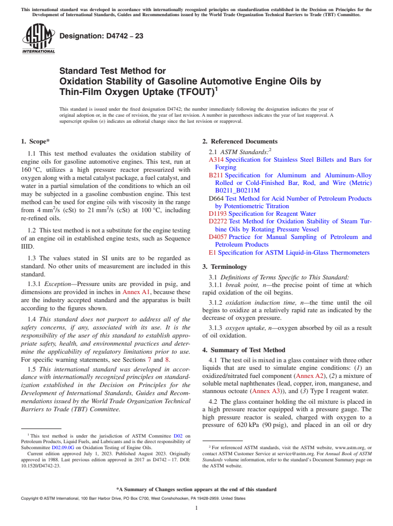 ASTM D4742-23 - Standard Test Method for  Oxidation Stability of Gasoline Automotive Engine Oils by Thin-Film   Oxygen Uptake (TFOUT)