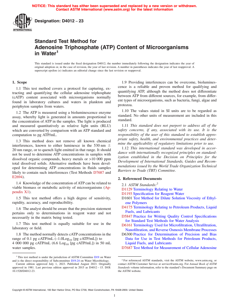ASTM D4012-23 - Standard Test Method for Adenosine Triphosphate (ATP) Content of Microorganisms in Water
