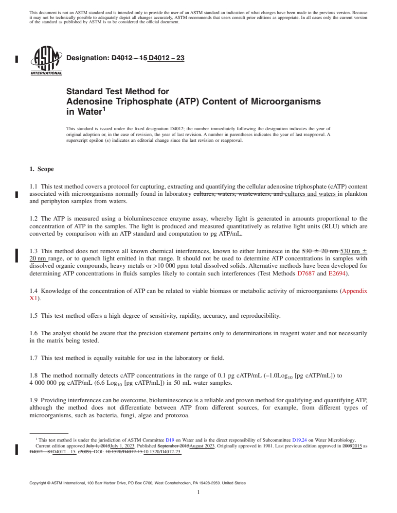 REDLINE ASTM D4012-23 - Standard Test Method for Adenosine Triphosphate (ATP) Content of Microorganisms in Water