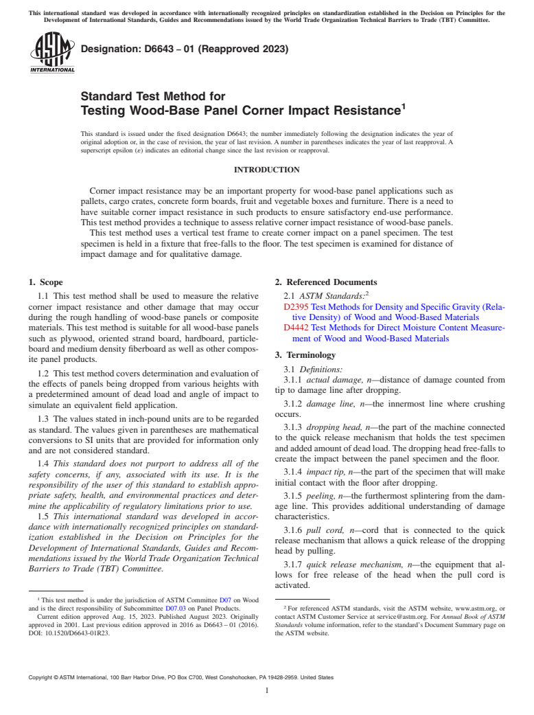 ASTM D6643-01(2023) - Standard Test Method for  Testing Wood-Base Panel Corner Impact Resistance