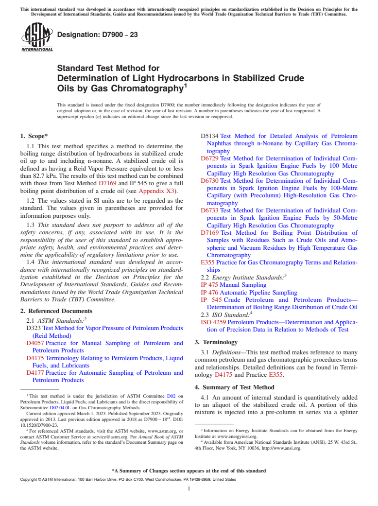 ASTM D7900-23 - Standard Test Method for Determination of Light Hydrocarbons in Stabilized Crude Oils  by Gas Chromatography