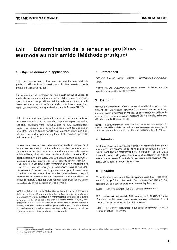 ISO 5542:1984 - Lait -- Détermination de la teneur en protéines -- Méthode au noir amido (Méthode pratique)