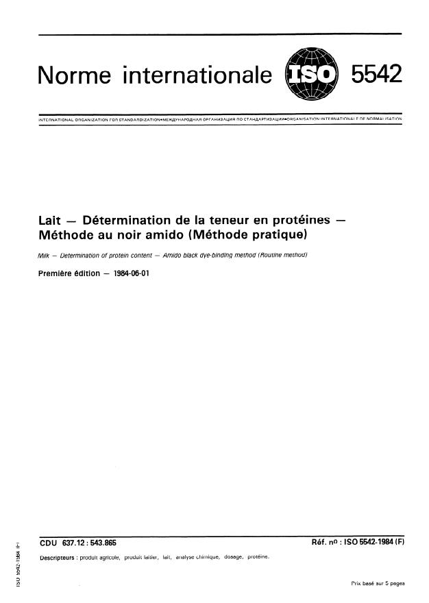 ISO 5542:1984 - Lait -- Détermination de la teneur en protéines -- Méthode au noir amido (Méthode pratique)