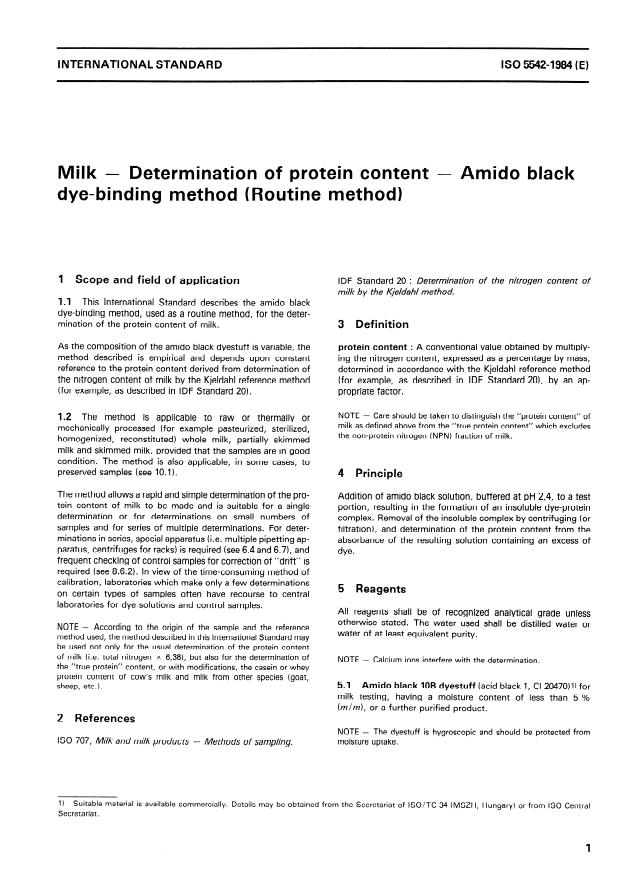 ISO 5542:1984 - Milk -- Determination of protein content -- Amido black dye-binding method (Routine method)