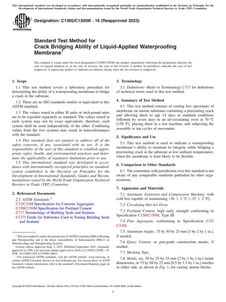 ASTM C1305/C1305M-16(2023) - Standard Test Method for  Crack Bridging Ability of Liquid-Applied Waterproofing Membrane