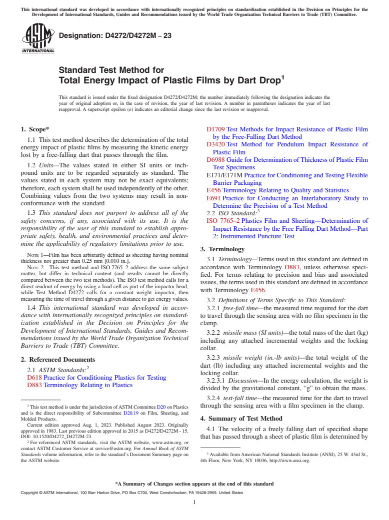 ASTM D4272/D4272M-23 - Standard Test Method for  Total Energy Impact of Plastic Films by Dart Drop