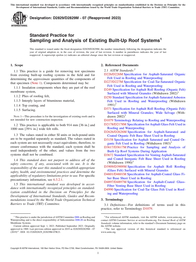 ASTM D2829/D2829M-07(2023) - Standard Practice for  Sampling and Analysis of Existing Built-Up Roof Systems