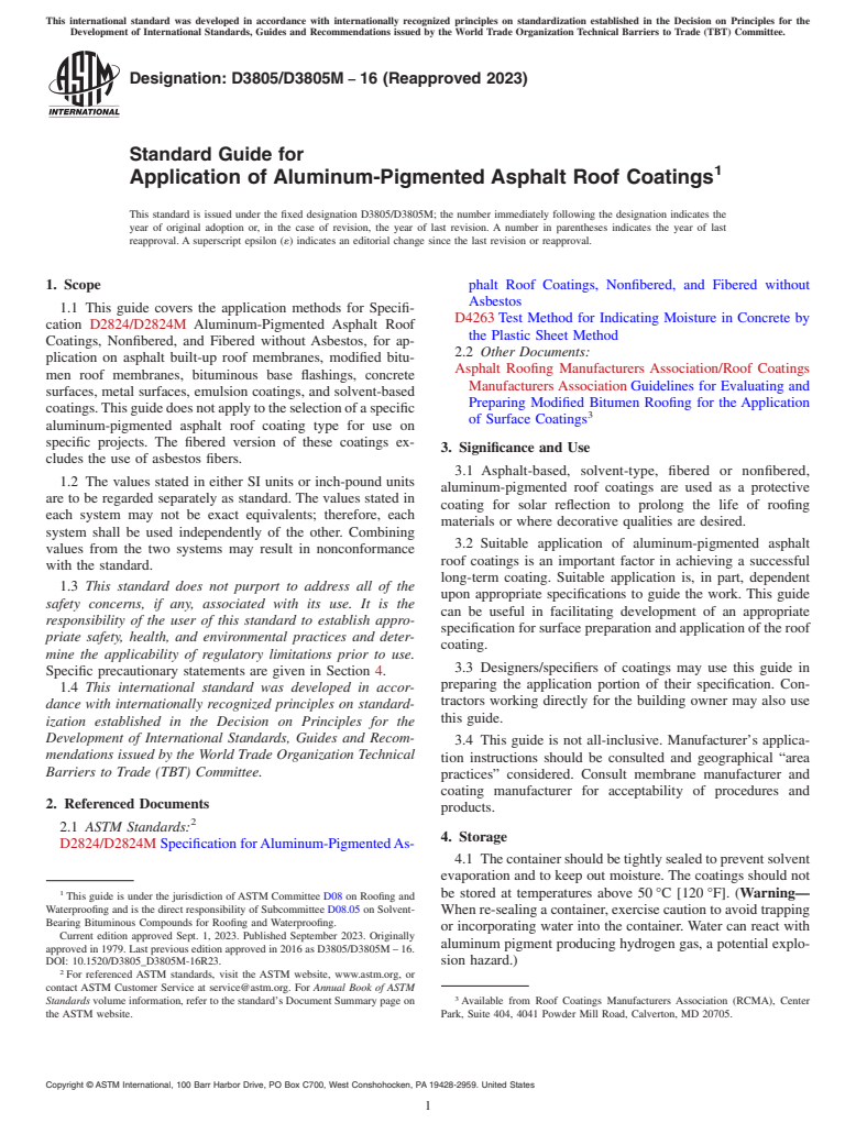 ASTM D3805/D3805M-16(2023) - Standard Guide for  Application of Aluminum-Pigmented Asphalt Roof Coatings