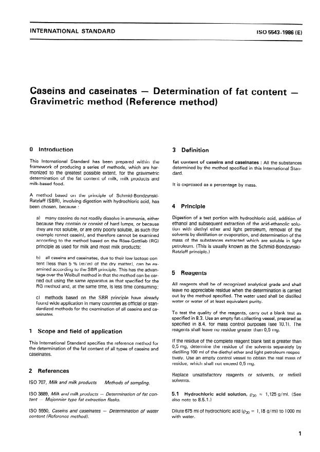 ISO 5543:1986 - Caseins and caseinates -- Determination of fat content -- Gravimetric method (Reference method)