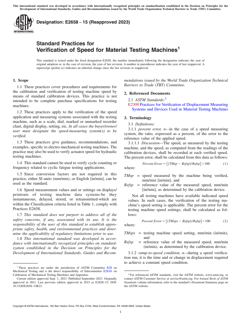 ASTM E2658-15(2023) - Standard Practices for  Verification of Speed for Material Testing Machines