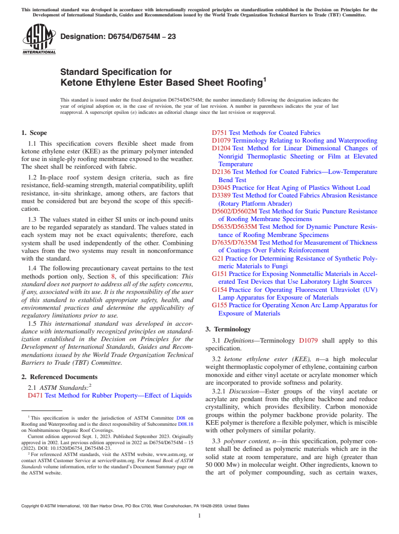 ASTM D6754/D6754M-23 - Standard Specification for  Ketone Ethylene Ester Based Sheet Roofing