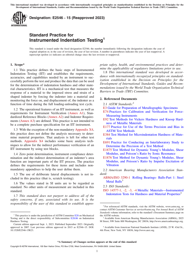 ASTM E2546-15(2023) - Standard Practice for  Instrumented Indentation Testing