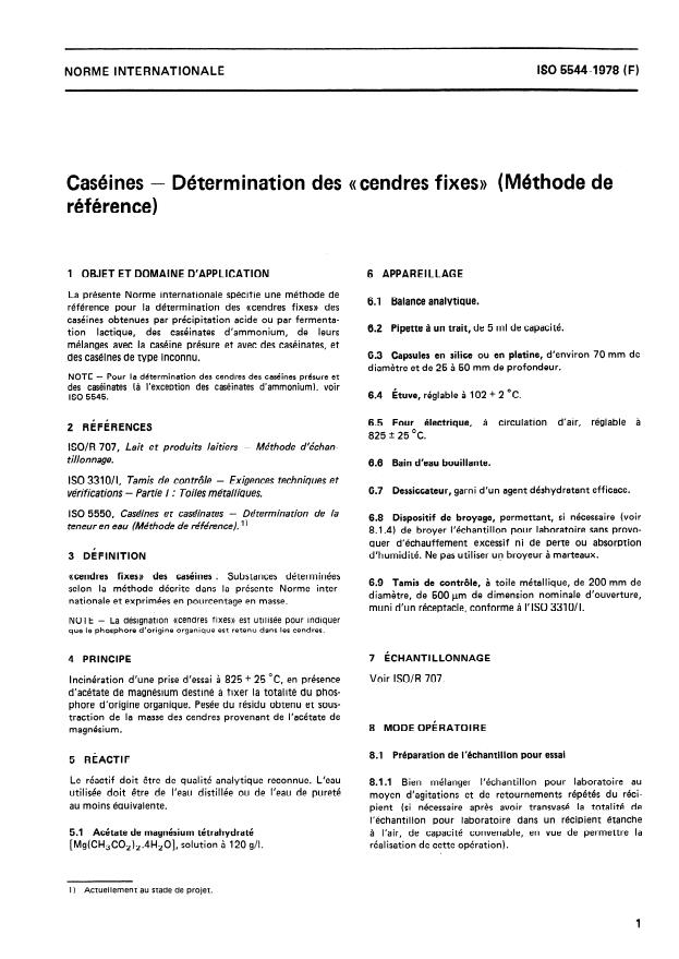 ISO 5544:1978 - Caséines -- Détermination des «cendres fixes» (Méthode de référence)