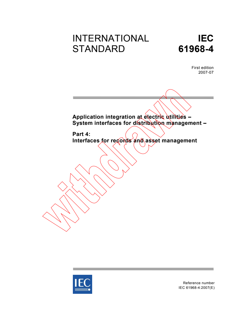 IEC 61968-4:2007 - Application integration at electric utilities - System interfaces for distribution management - Part 4: Interfaces for records and asset management
Released:7/11/2007
Isbn:2831892120