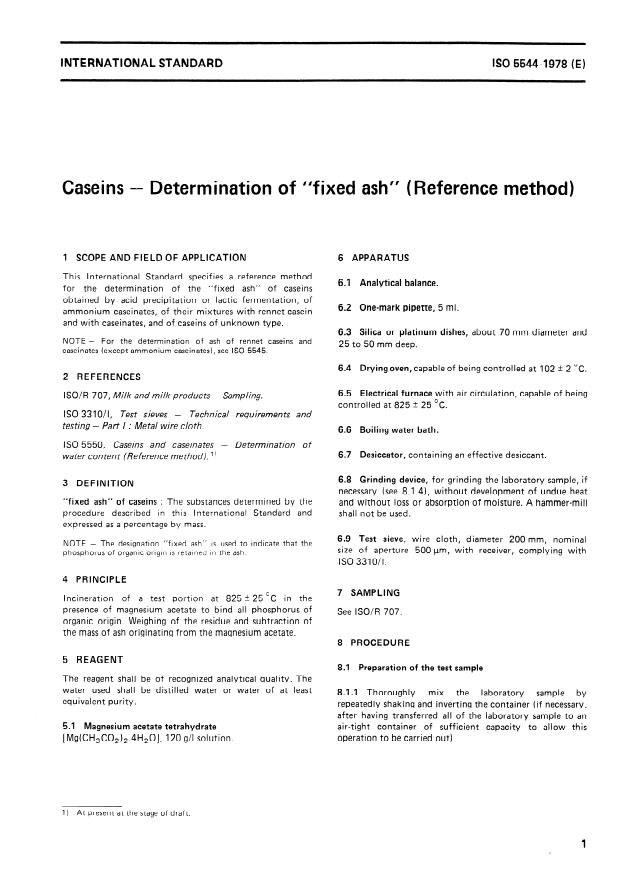 ISO 5544:1978 - Caseins -- Determination of " fixed ash " (Reference method)