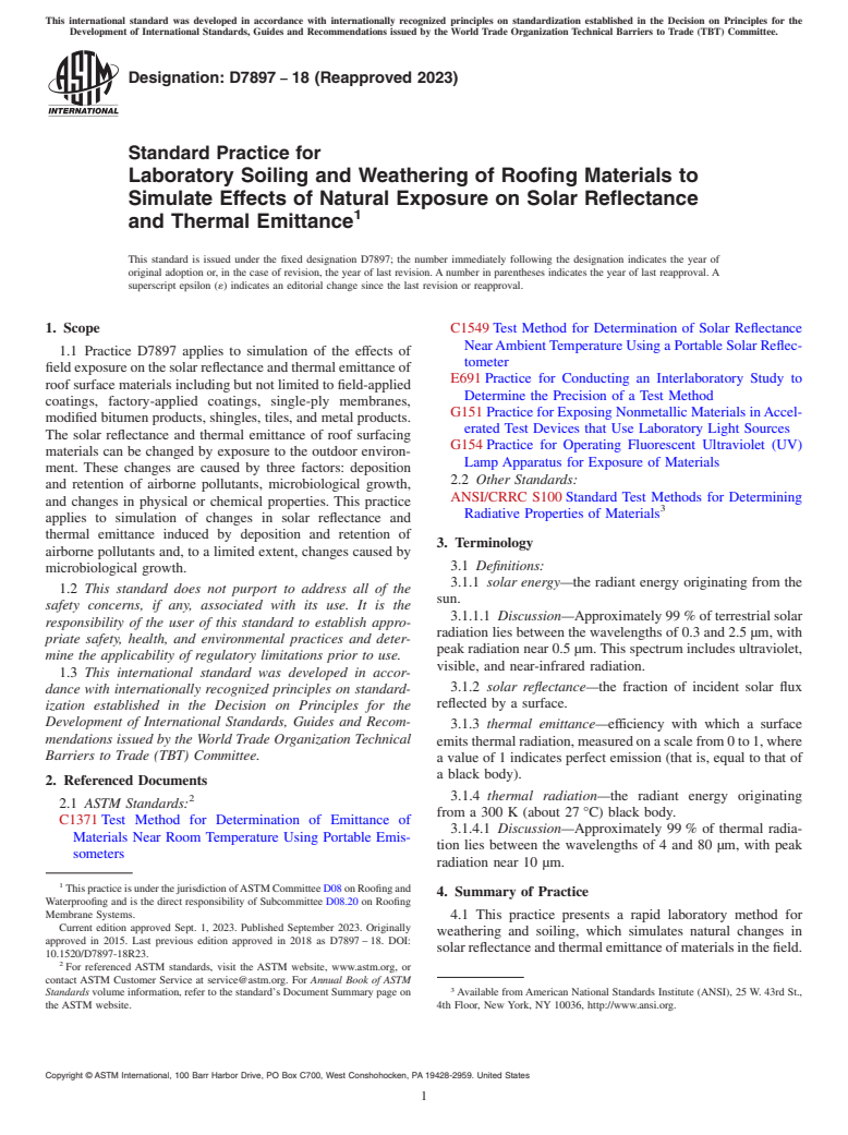 ASTM D7897-18(2023) - Standard Practice for Laboratory Soiling and Weathering of Roofing Materials to Simulate Effects of Natural Exposure on Solar Reflectance and Thermal Emittance