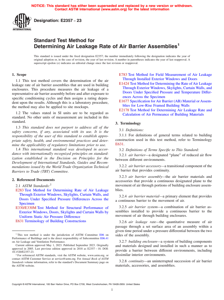 ASTM E2357-23 - Standard Test Method for Determining Air Leakage Rate of Air Barrier Assemblies