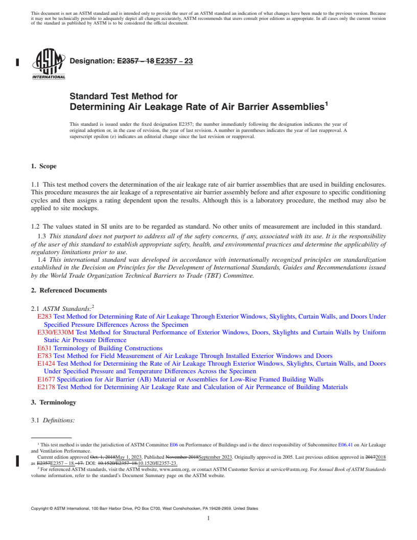 REDLINE ASTM E2357-23 - Standard Test Method for Determining Air Leakage Rate of Air Barrier Assemblies