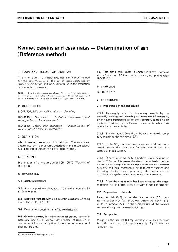 ISO 5545:1978 - Rennet caseins and caseinates -- Determination of ash (Reference method)