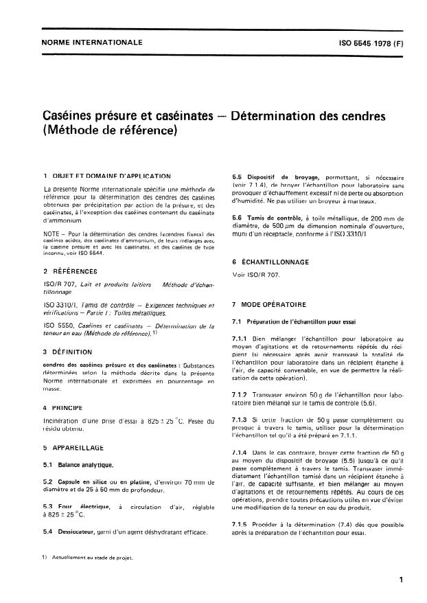 ISO 5545:1978 - Caséines présure et caséinates -- Détermination des cendres (Méthode de référence)