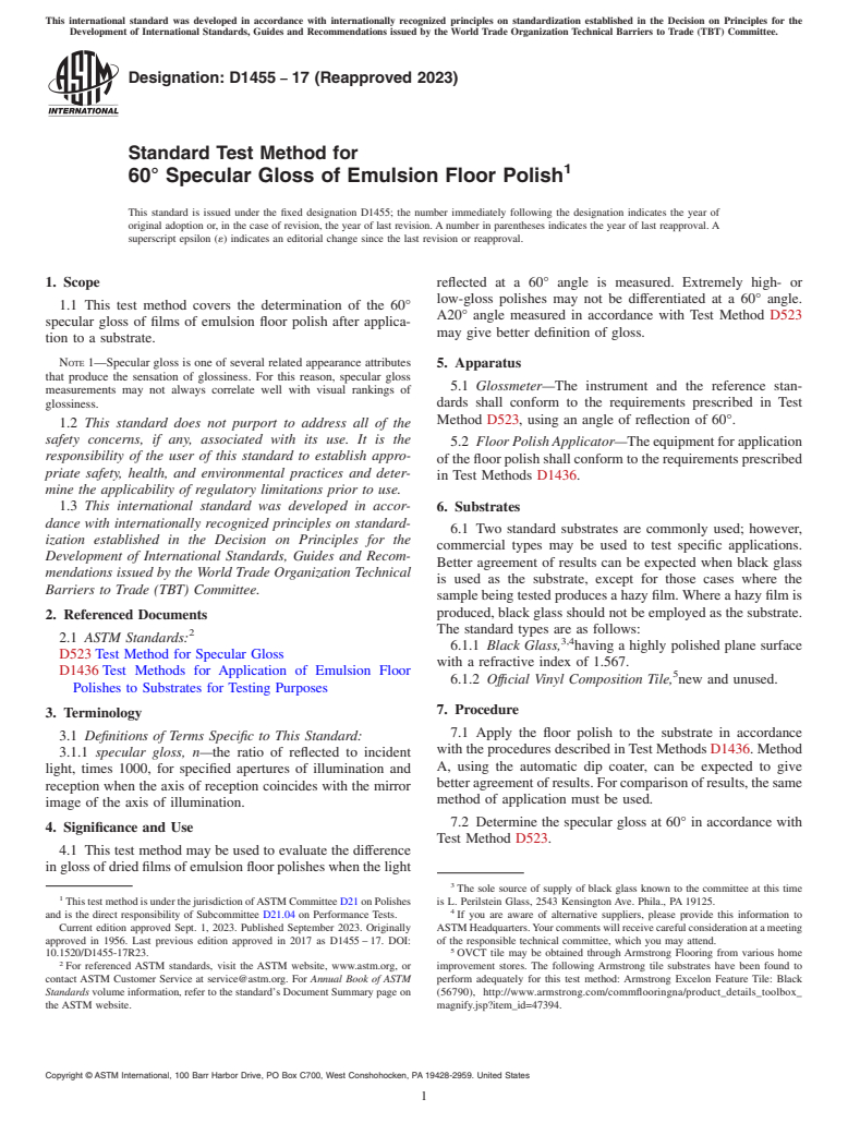 ASTM D1455-17(2023) - Standard Test Method for  60° Specular Gloss of Emulsion Floor Polish