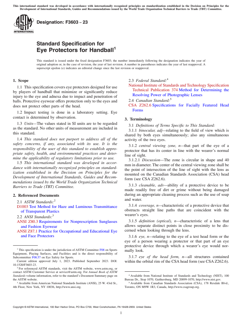 ASTM F3603-23 - Standard Specification for Eye Protectors for Handball