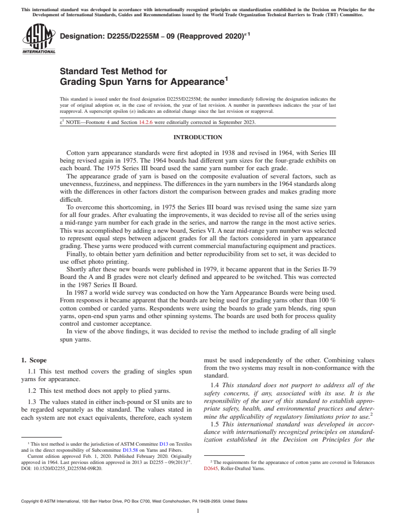 ASTM D2255/D2255M-09(2020)e1 - Standard Test Method for  Grading Spun Yarns for Appearance