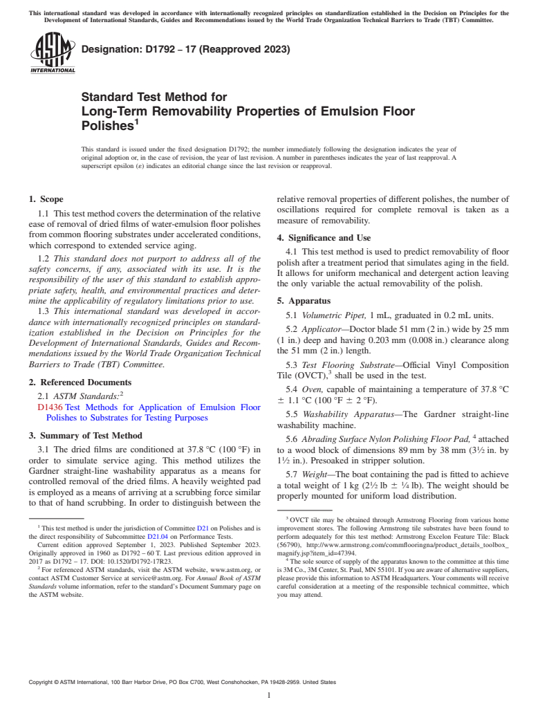 ASTM D1792-17(2023) - Standard Test Method for  Long-Term Removability Properties of Emulsion Floor Polishes