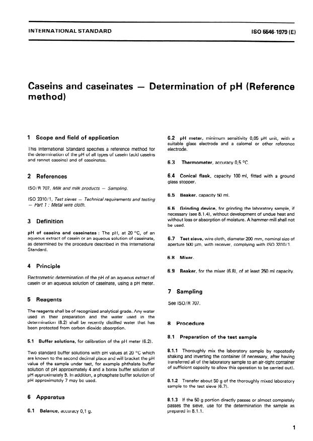 ISO 5546:1979 - Caseins and caseinates -- Determination of pH (Reference method)