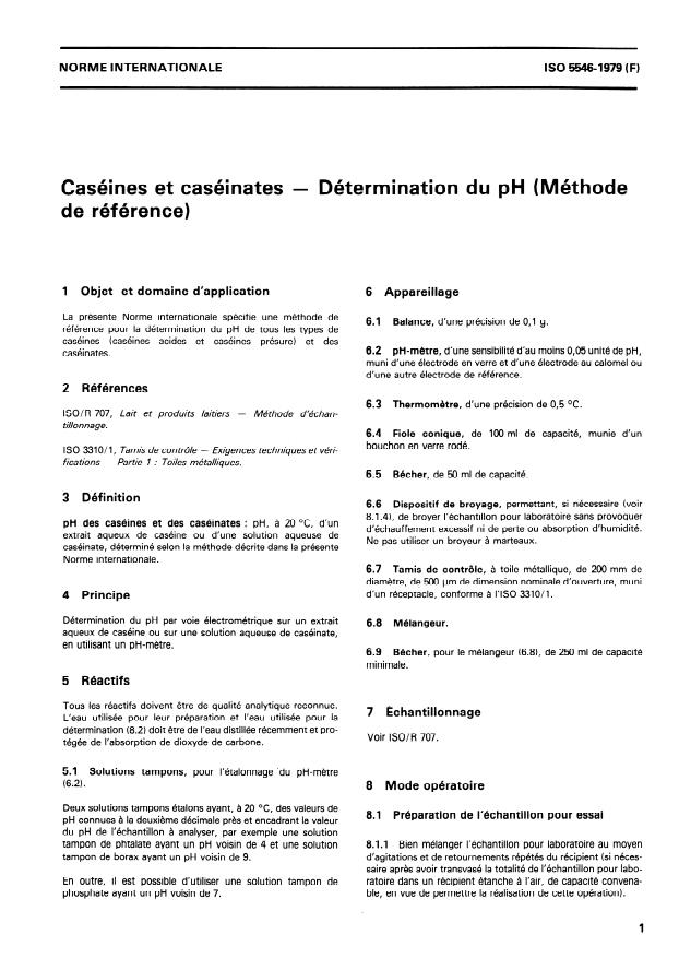 ISO 5546:1979 - Caséines et caséinates -- Détermination du pH (Méthode de référence)