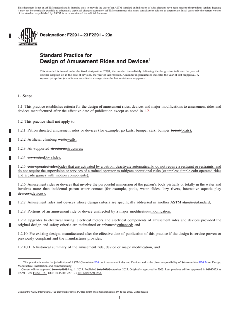 REDLINE ASTM F2291-23a - Standard Practice for Design of Amusement Rides and Devices