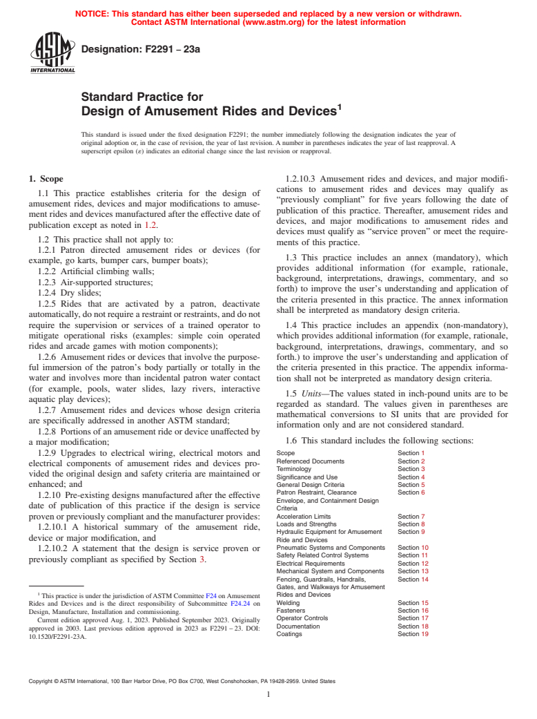 ASTM F2291-23a - Standard Practice for Design of Amusement Rides and Devices