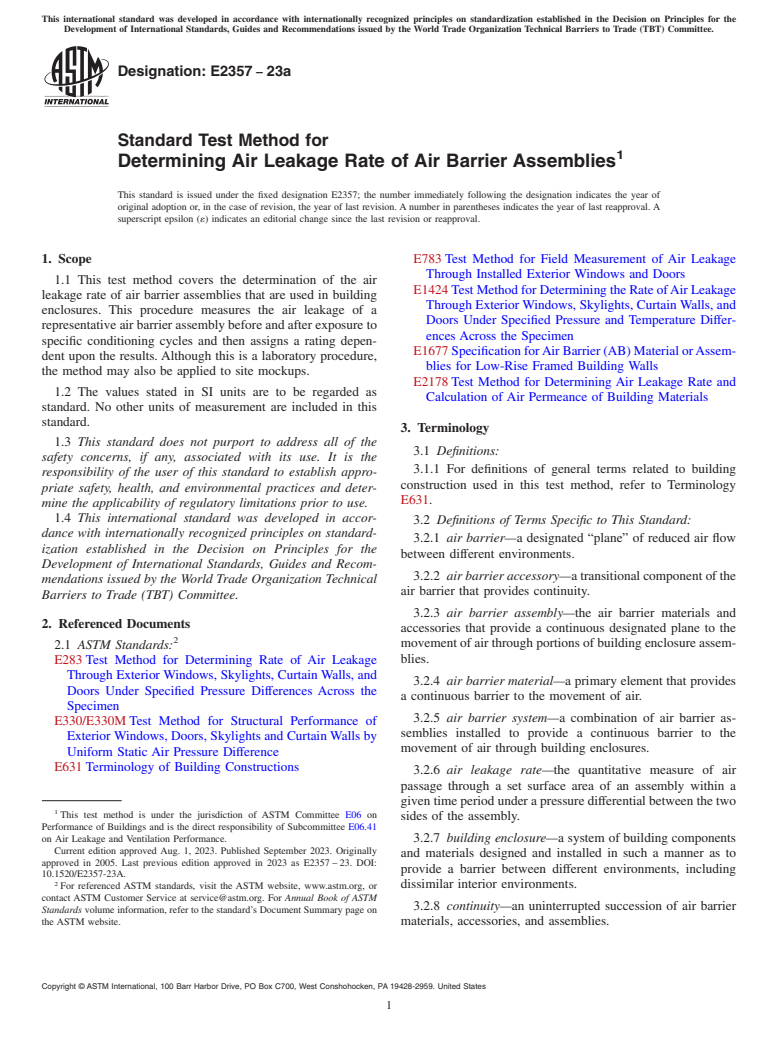 ASTM E2357-23a - Standard Test Method for Determining Air Leakage Rate of Air Barrier Assemblies
