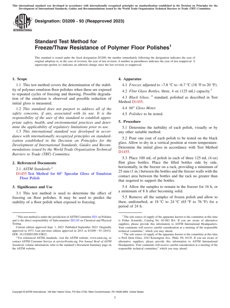 ASTM D3209-93(2023) - Standard Test Method for  Freeze/Thaw Resistance of Polymer Floor Polishes