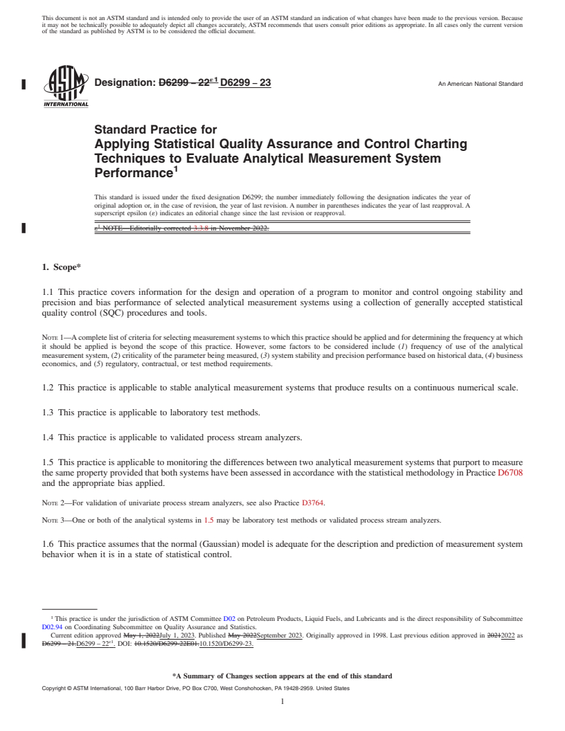 REDLINE ASTM D6299-23 - Standard Practice for  Applying Statistical Quality Assurance and Control Charting   Techniques to Evaluate Analytical Measurement System Performance