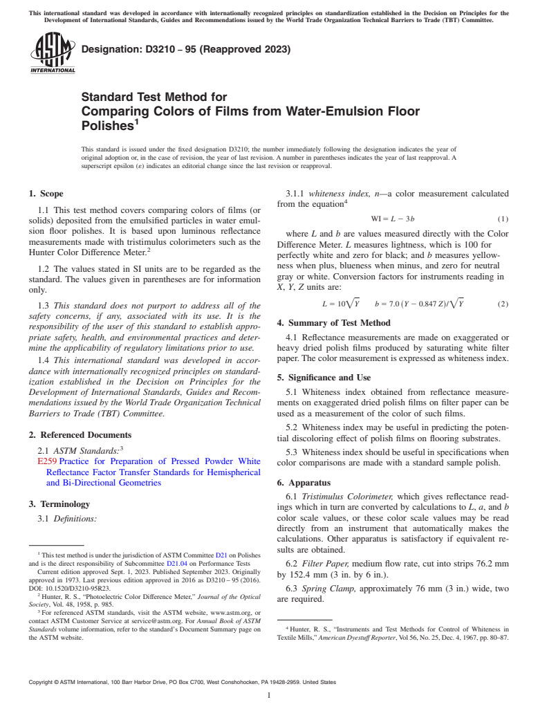 ASTM D3210-95(2023) - Standard Test Method for  Comparing Colors of Films from Water-Emulsion Floor Polishes