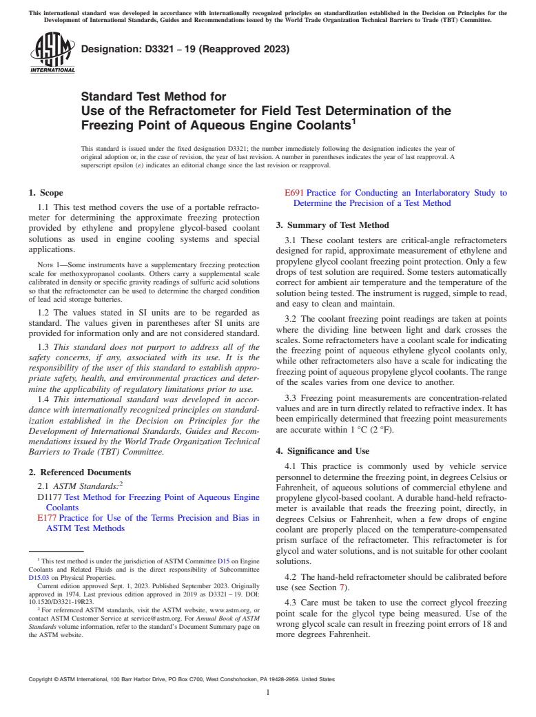 ASTM D3321-19(2023) - Standard Test Method for Use of the Refractometer for Field Test Determination of the  Freezing Point of Aqueous Engine Coolants