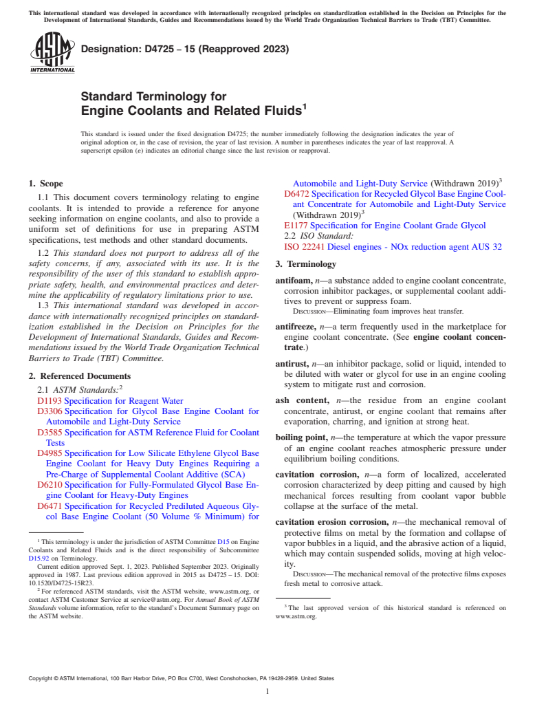 ASTM D4725-15(2023) - Standard Terminology for Engine Coolants and Related Fluids