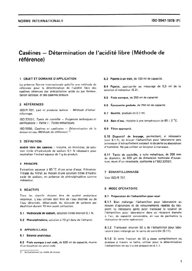 ISO 5547:1978 - Caséines -- Détermination de l'acidité libre (Méthode de référence)