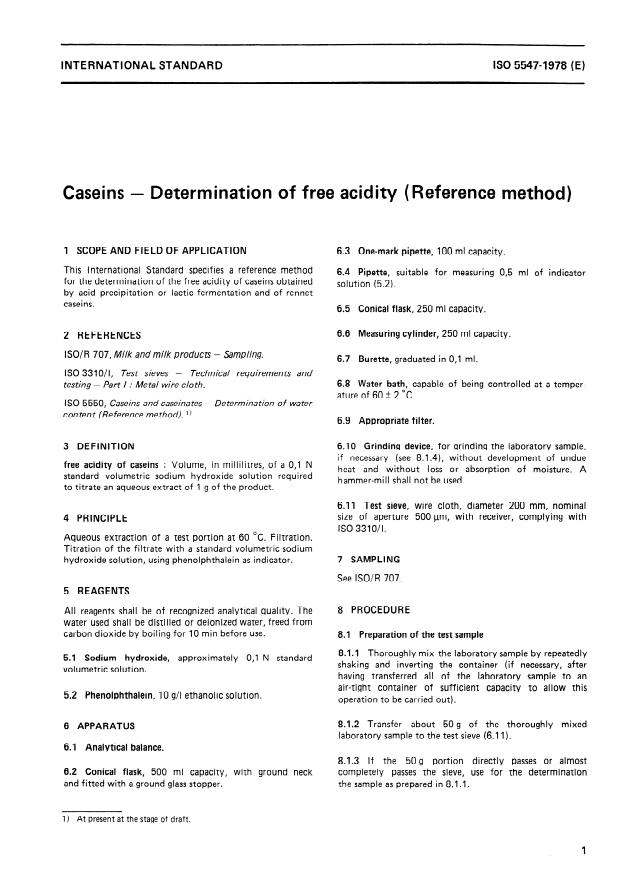 ISO 5547:1978 - Caseins -- Determination of free acidity (Reference method)