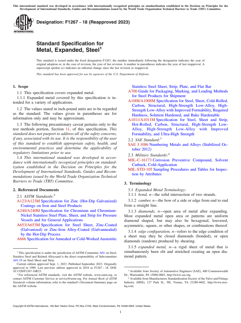 ASTM F1267-18(2023) - Standard Specification for  Metal, Expanded, Steel